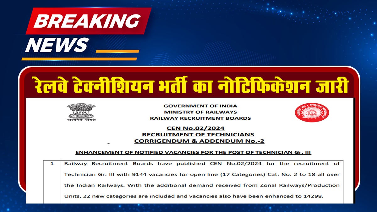 Railway Technician Recruitment 14298 Post: रेलवे टेक्नीशियन भर्ती का नोटिफिकेशन जारी