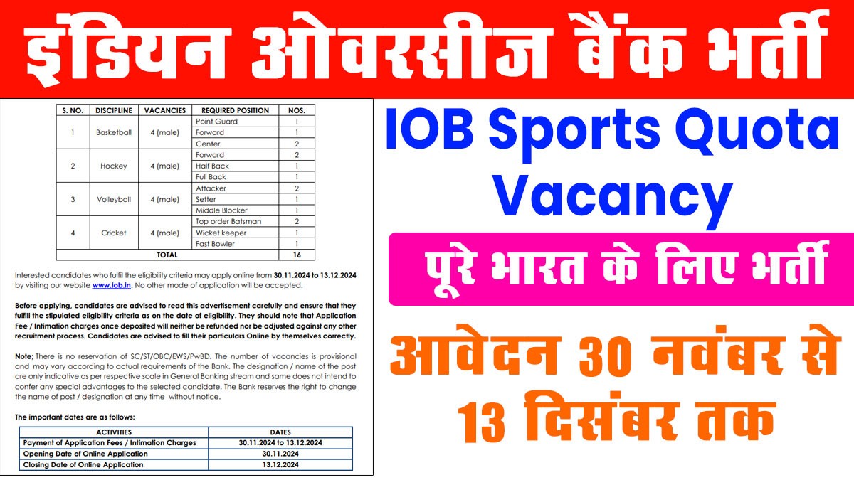 Indian Overseas Bank Recruitment: इंडियन ओवरसीज बैंक ने स्पोर्ट्स कोटा के तहत भर्ती के लिए नोटिफिकेशन जारी किया
