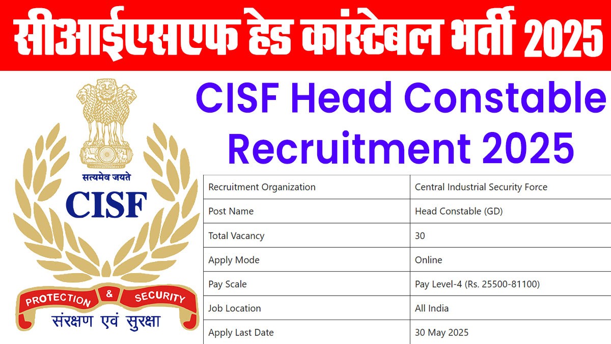 CISF Head Constable Recruitment 2025: सीआईएसएफ हेड कांस्टेबल भर्ती 2025 अधिसूचना जारी