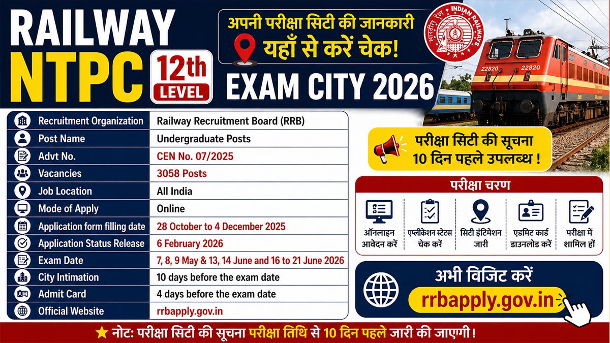 Railway NTPC 12th Level Exam City 2026 जारी, यहां से चेक करें
