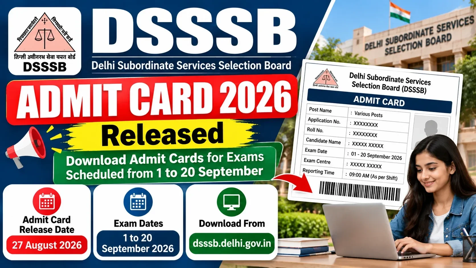 DSSSB Admit Card 2026 Released, Download Admit Cards for Exams Scheduled from 1 to 20 September