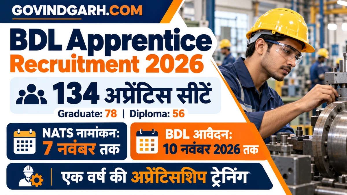 BDL Apprentice Recruitment 2026: 134 सीटें, आवेदन 10 नवंबर तक