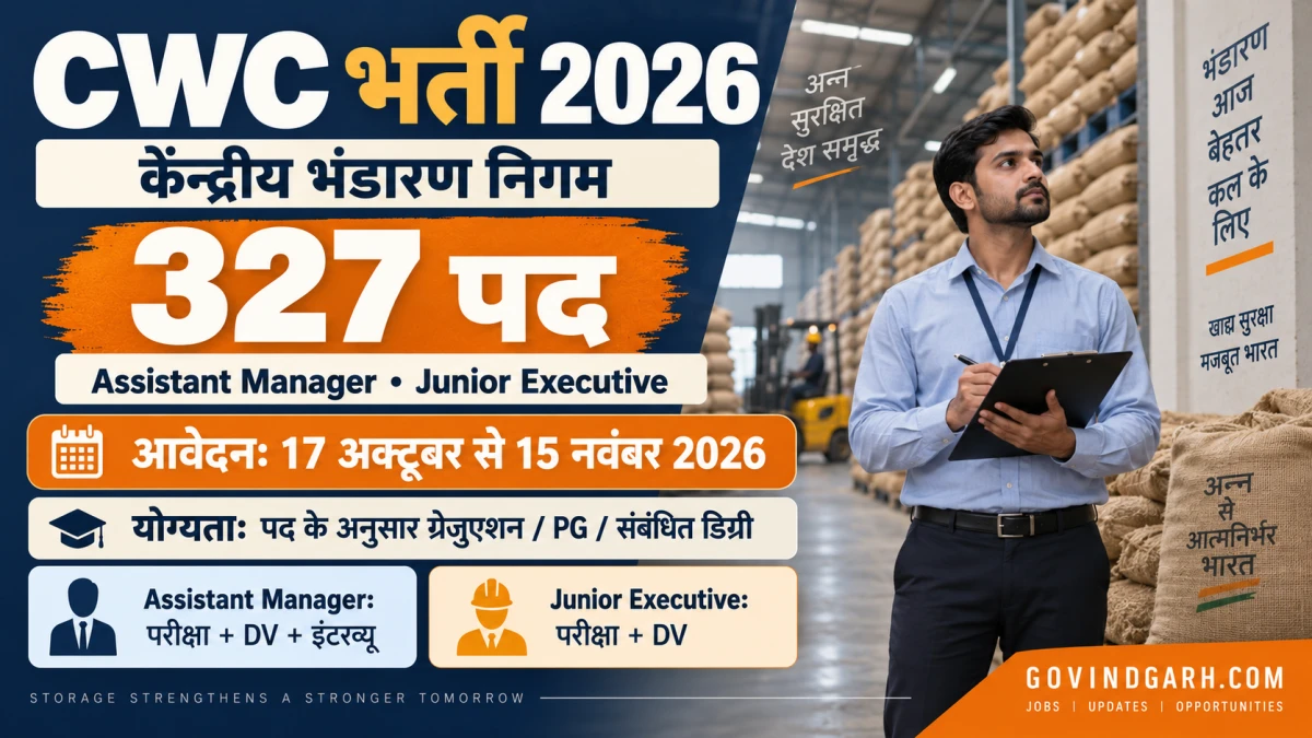 CWC Recruitment 2026: 327 पद, आवेदन 17 अक्टूबर से